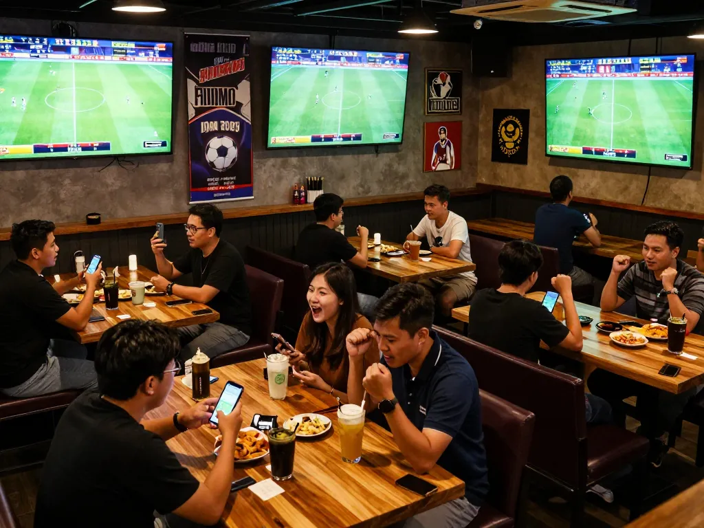 Pelanggan yang terlibat menikmati taruhan olahraga Judi Bola Resmi di sebuah bar yang ramai dengan pertandingan sepak bola langsung.