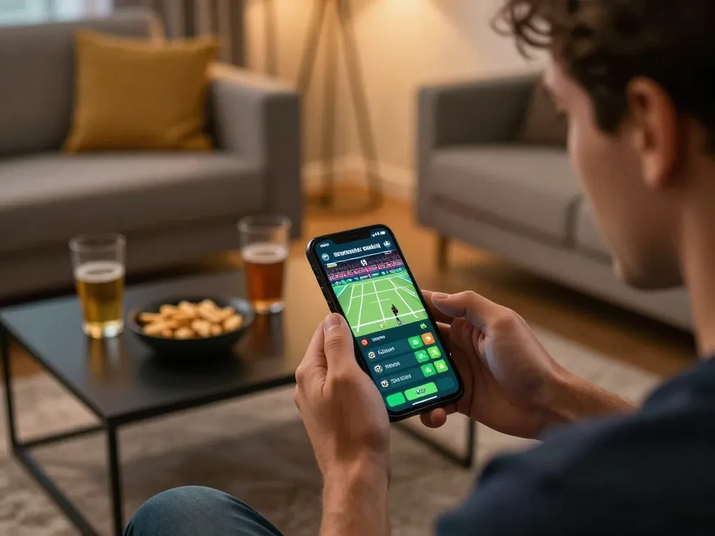 five88 player enjoys sports betting on smartphone with live match in background, fostering strategic games.