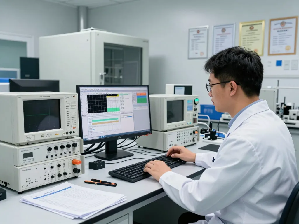 Engineer performing RF compliance tests in a high-tech EMC testing lab, emphasizing CE marking standards.