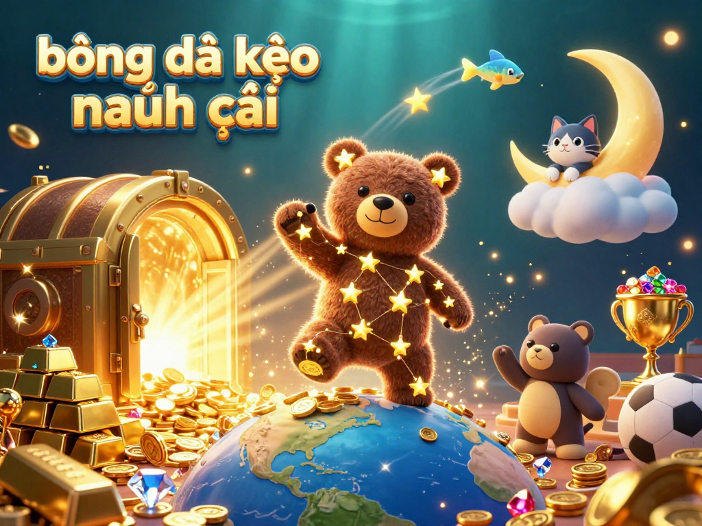 Bóng đá kèo nhà cái showcases a cartoon constellation bear collecting coins while sports betting symbols add excitement.