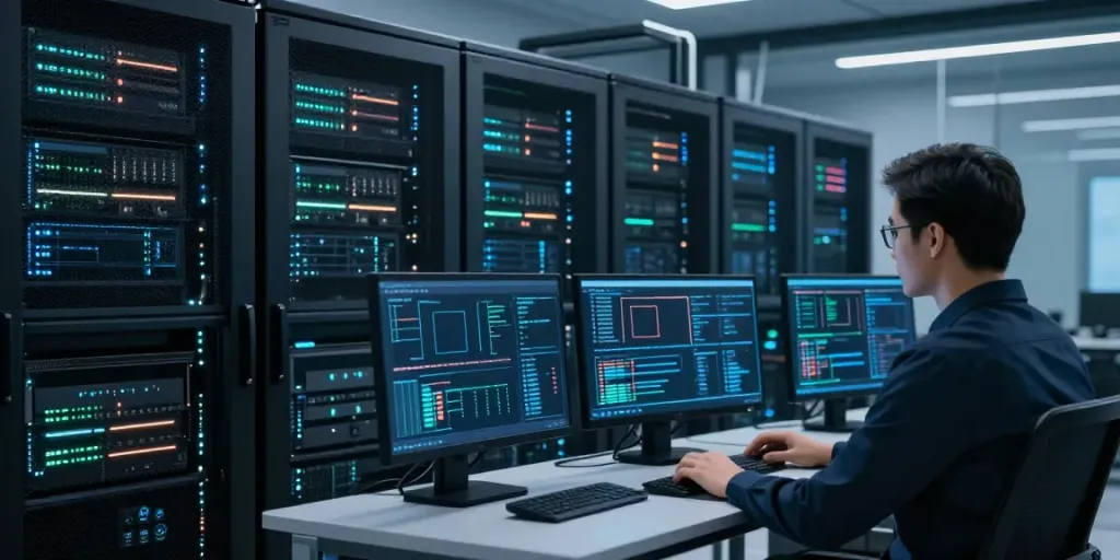 Red team cybersecurity expert analyzing server data in a modern data center.