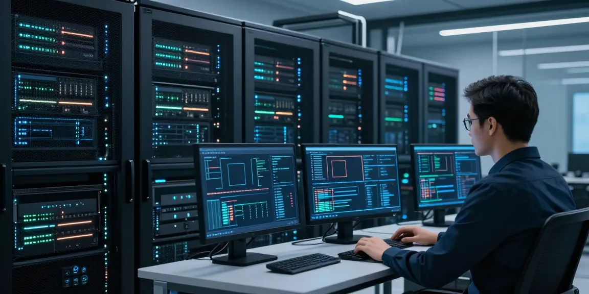 Red team cybersecurity expert analyzing server data in a modern data center.