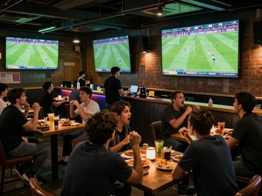 Socolive soccer fans cheering with drinks at a vibrant sports bar during live matches