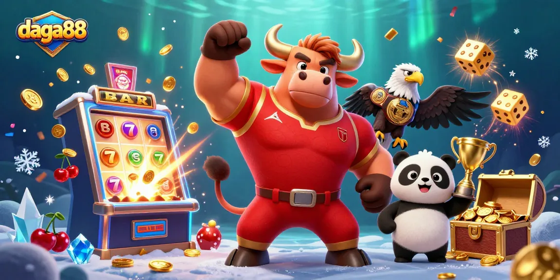 daga88 immerses you in thrilling slot action, as a vibrant bull mascot celebrates with coins and winnings galore.