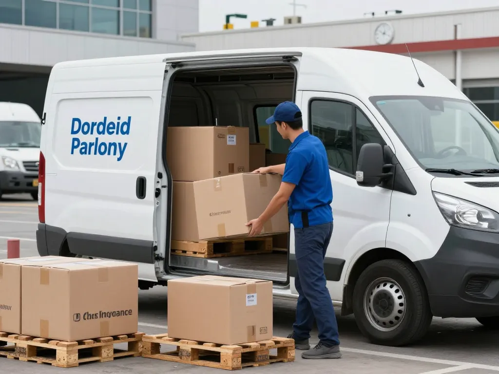 Time critical logistics operation with driver loading van for fast transport.