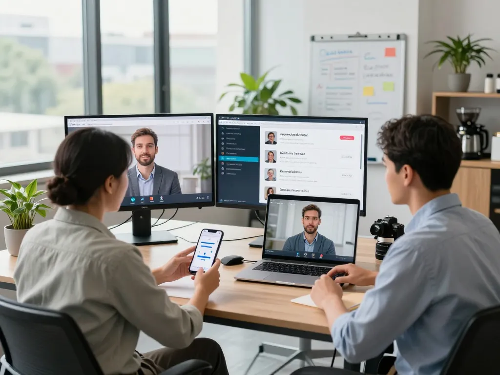 AI phone interviewer in a modern hiring scene with recruiter on smartphone in a corporate office.