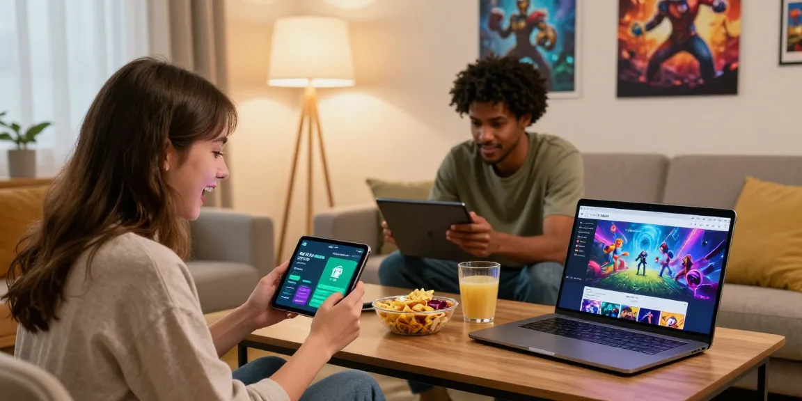 Interactive IE777 gaming experience at home, showcasing friends enjoying the app on smartphones and tablets.