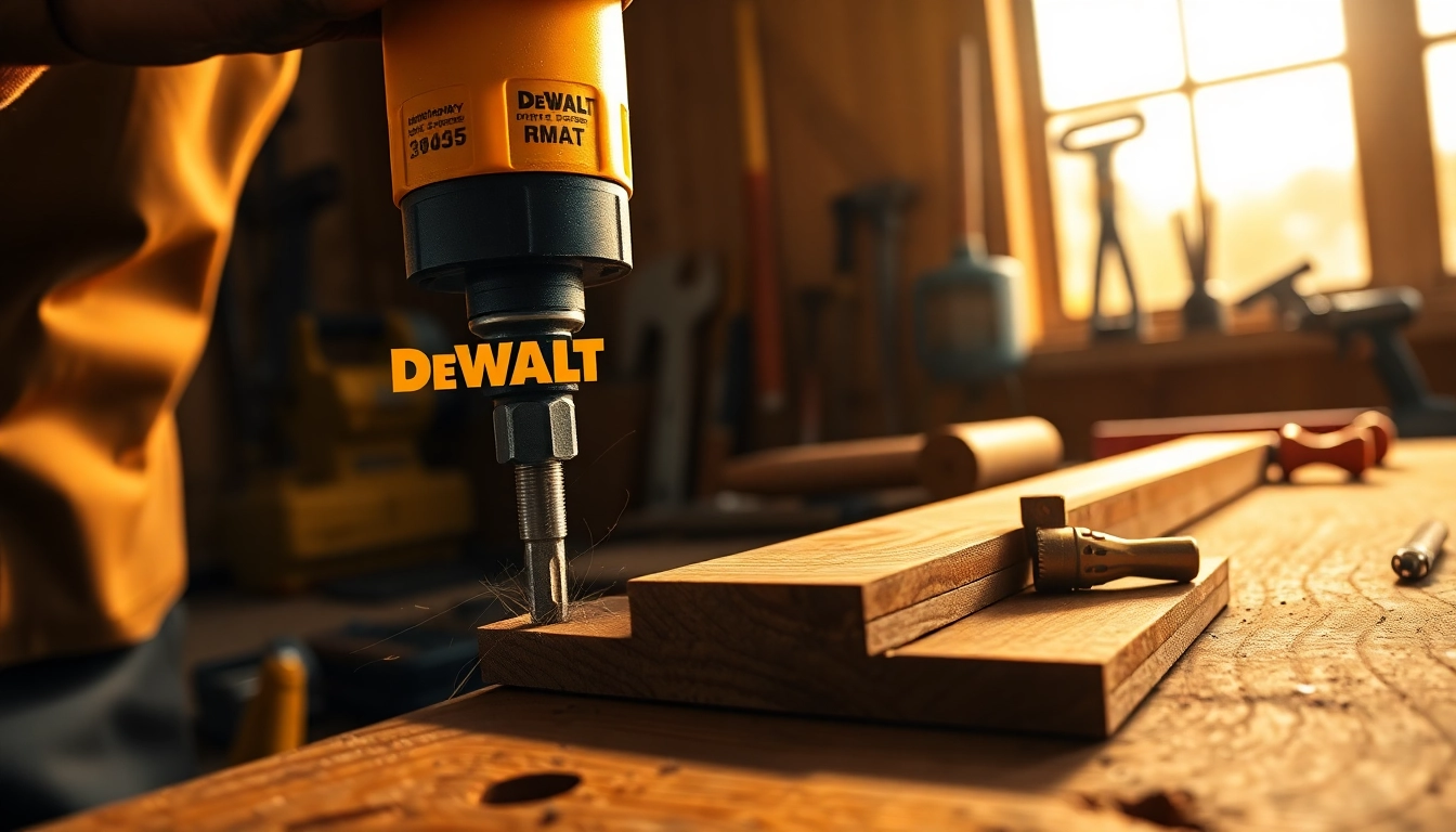 DeWalt pilot drill bit powerfully drills through wood in a workshop, showcasing precision and reliability.