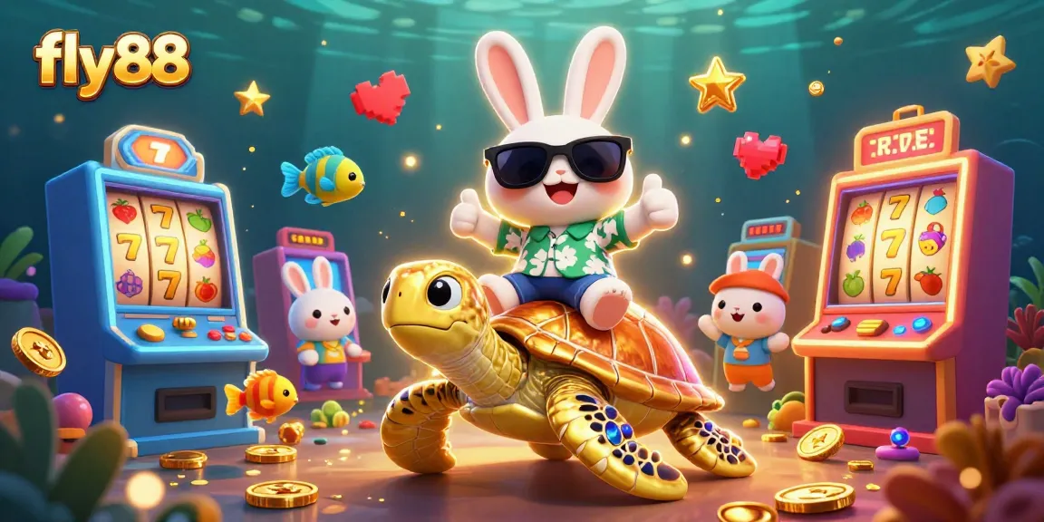 Experience the thrill of gaming with fly88, showcasing a lucky rabbit and golden turtle in a vibrant casino scene.