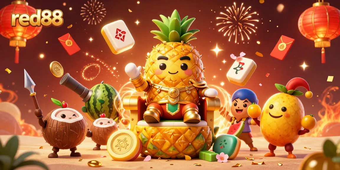 Experience the vibrant beach casino scene at red88 featuring a golden pineapple king with coconut guards celebrating with fireworks.