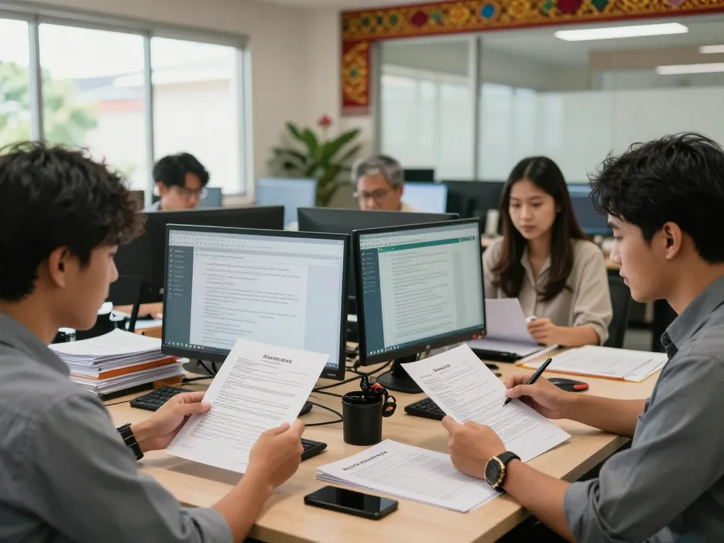 Translation Services in Chiang Mai depicted by professionals collaborating in a modern office environment.