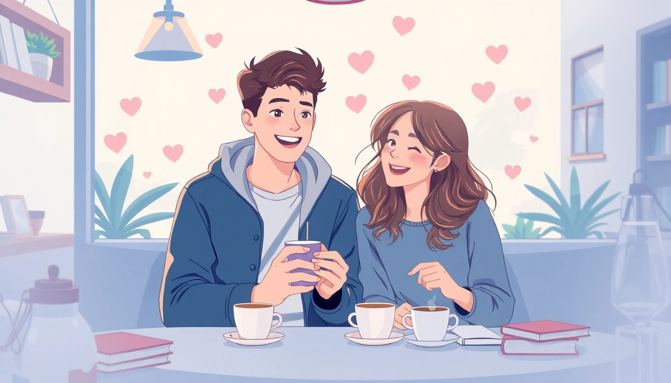 Young adults sharing a moment, depicting the feeling of a crush on each other, in a cozy café.