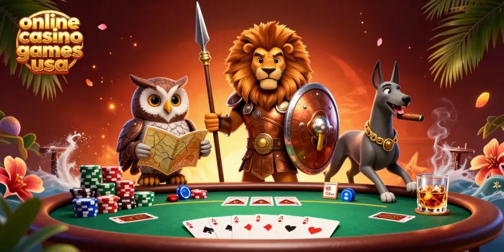 Experience thrilling online casino games usa with strategic characters in a colorful 3D scene of poker.