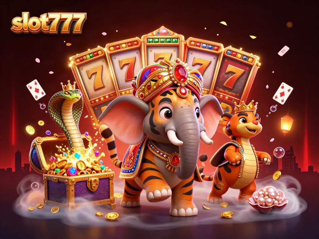Spin the reels of slot777 in a vibrant, lively casino-themed illustration with dynamic elements.