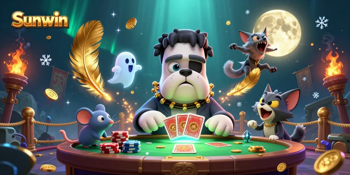 Sunwin: Experience thrilling card dealing at a spooky casino table with vibrant characters and action.