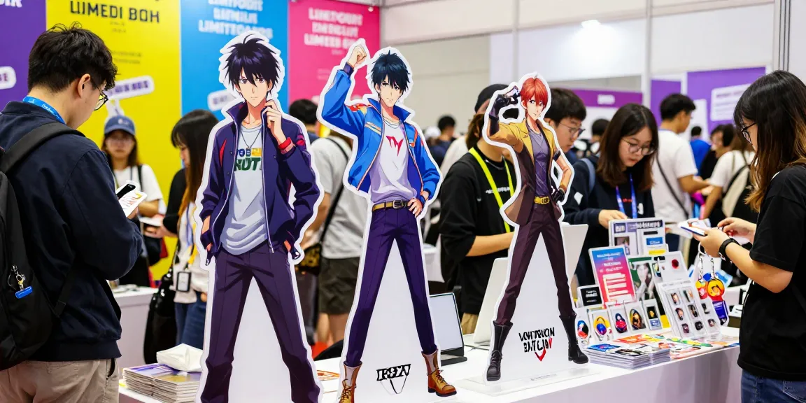 Colorful acrylic standee display attracting visitors at trade show event.