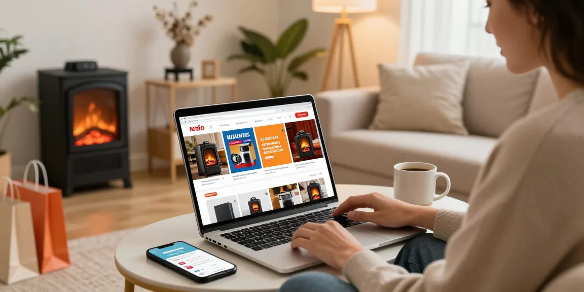 Shopper browsing heating products at izba24.by in cozy living room setting