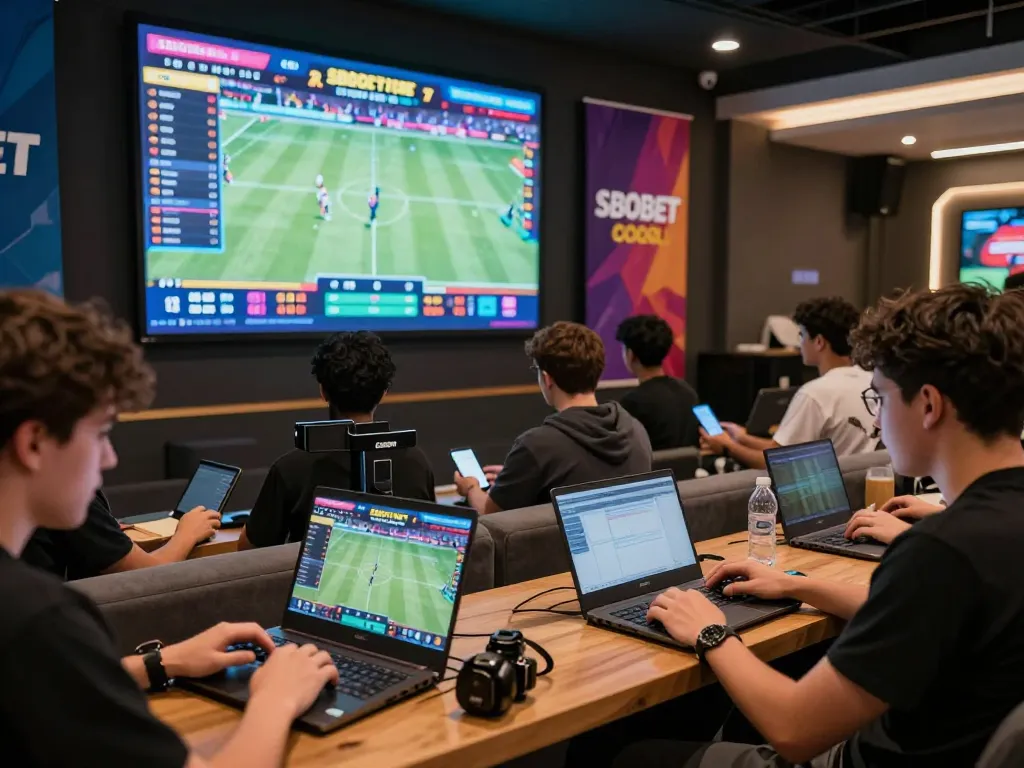 SBOBET players experiencing dynamic online sports betting in a vibrant, modern environment.