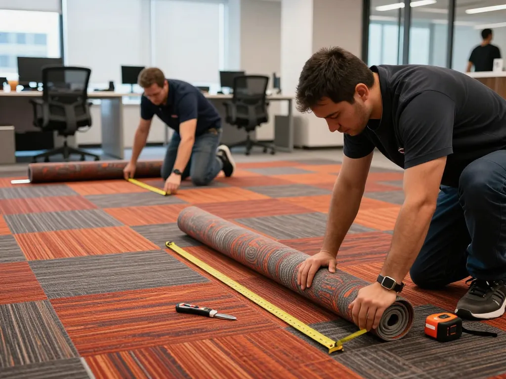 Commercial carpet installation team meticulously working in a modern office environment, showcasing precision in flooring.