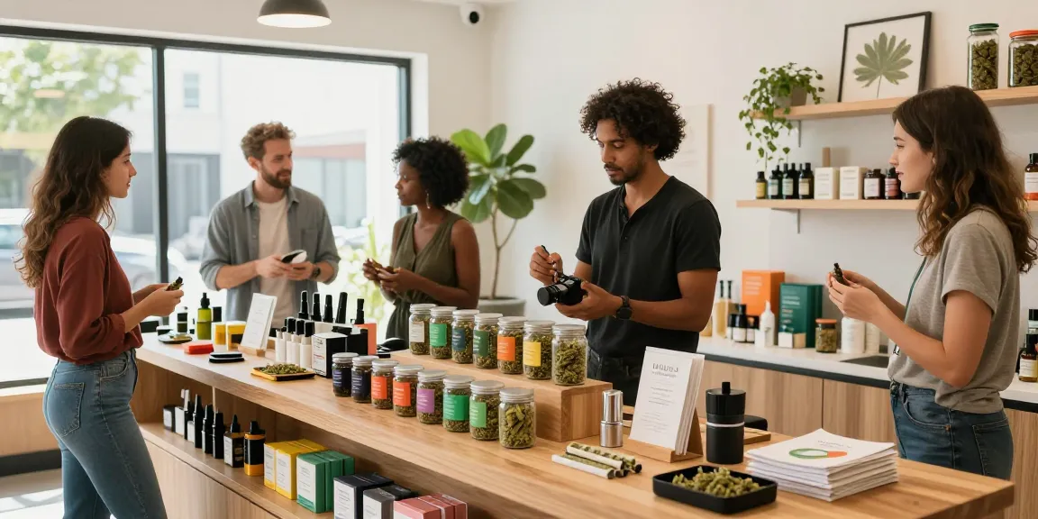 https://greatcanadianbuds.com cannabis retail experience with diverse customers exploring quality products.
