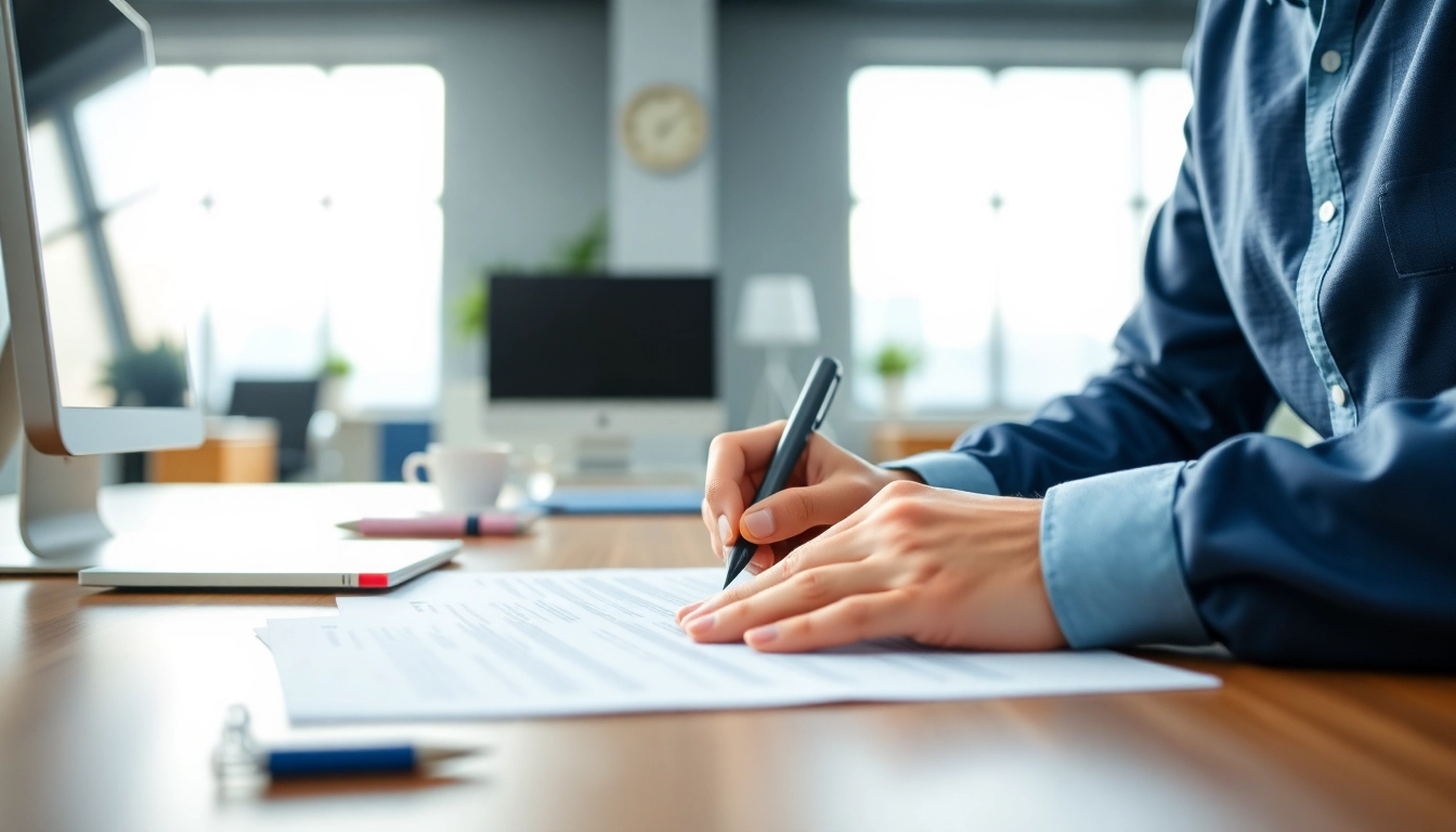 Completing eta uk application form in a bright office, demonstrating clear focus.