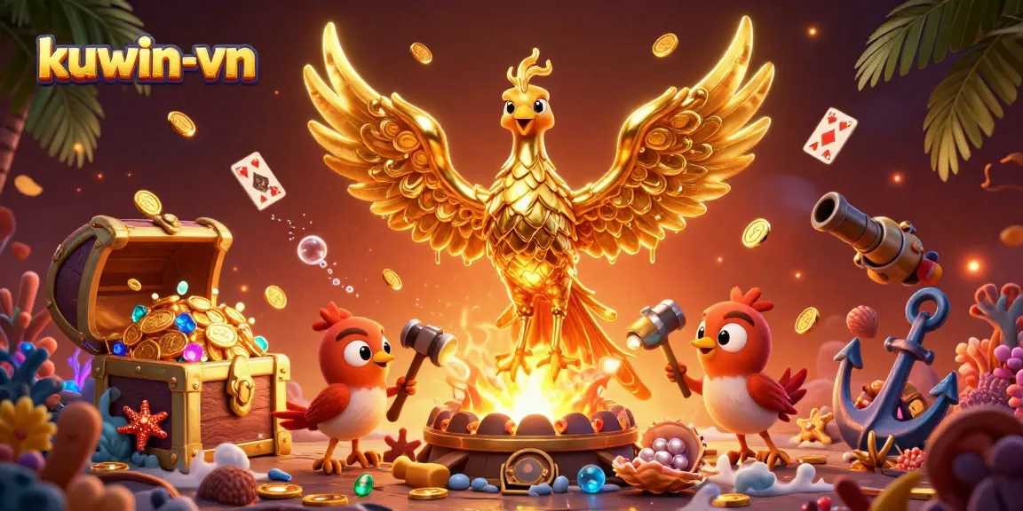 Kuwin-vn players enjoy thrilling golden phoenix adventures with gold coins and vibrant gaming scenes.