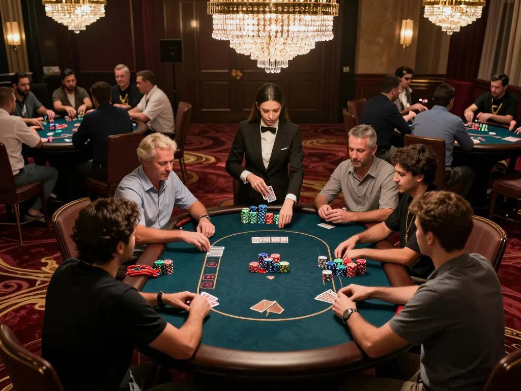 Players at a man club poker table engage in strategic gameplay, with colorful chips and an attentive dealer under warm casino lighting.