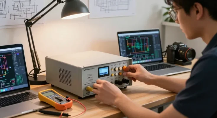 Kiprim DC310S bench power supply in a modern tech workspace, showcasing a precision adjustment by an engineer.