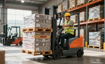 Efficient stacker pricing in action as an operator maneuvers an electric stacker to lift pallets in a modern warehouse.