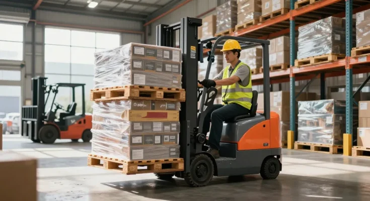 Efficient stacker pricing in action as an operator maneuvers an electric stacker to lift pallets in a modern warehouse.