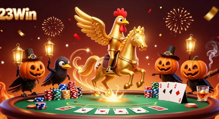 Experience gaming excitement at 23Win with a golden rooster in a vibrant casino scene.