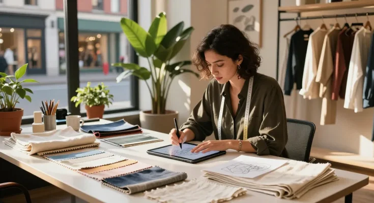 Explore premium fabric options at https://bahanpakaian.com with a designer sketching in an urban setting.