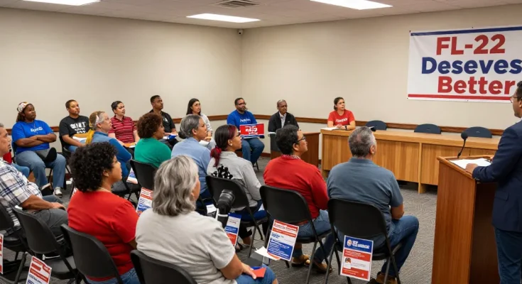 Casey Askar engaging with voters at a community meeting in FL-22.
