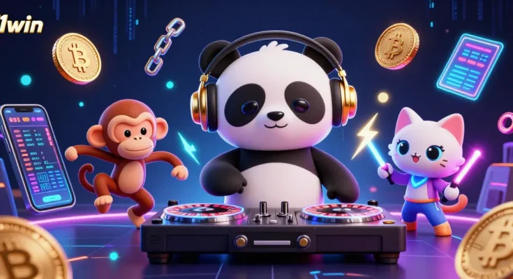 11win casino illustration showcasing DJ panda and friends in a vibrant gambling scene